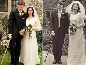Cena do filme e imagem original do casamento de Stephen Hawking e Jane