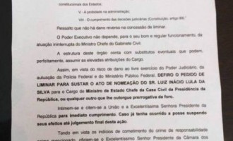 Liminar de Juiz Federal suspende posse de Lula