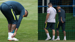 Neymar sente o pé direito e deixa o treino da Seleção Brasileira – acompanhado  pelo médico Rodrigo Lasmar 