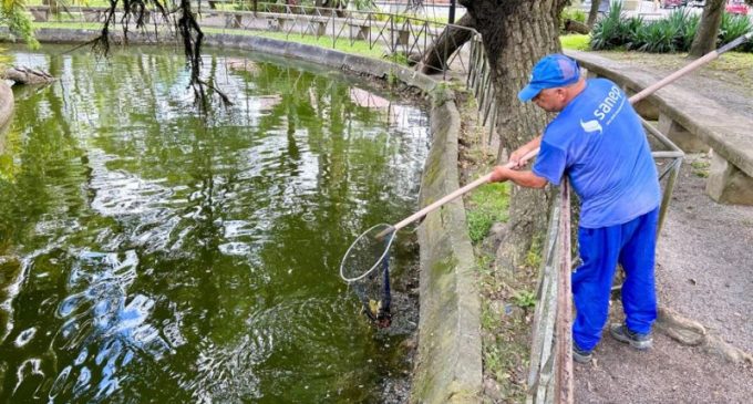 Sanep realiza manutenção do lago da Praça Coronel Pedro Osório