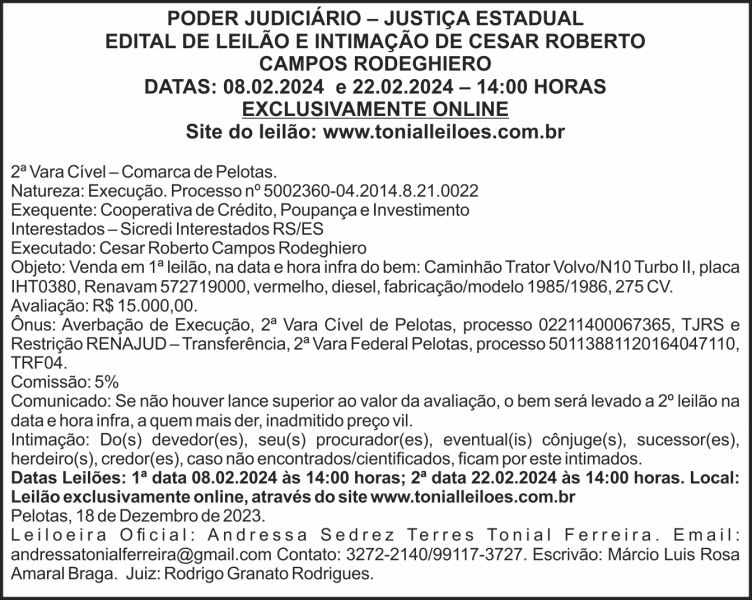 Edital De Leilão E Intimação De Cesar Roberto Campos Rodeghiero Diário Da Manhã 9035