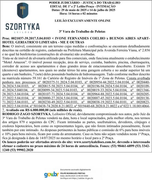 Edital de Leilão e Intimação de Buenos Aires Apart Hotel Geriátrico Limitada ME e outras