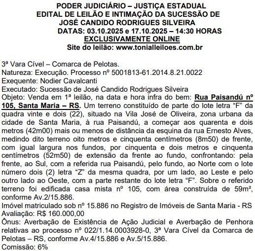 Edital de Leilão e Intimação da Sucessão de José Cândido Rodrigues Silveira