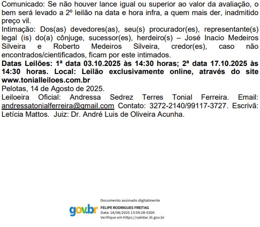 Edital de Leilão e Intimação da Sucessão de José Cândido Rodrigues Silveira