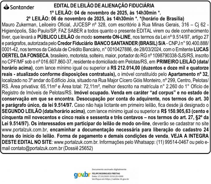 Edital de Leilão de Alienação Fiduciária Banco Santander (Brasil) S/A X Lucas Oertel da Fonseca