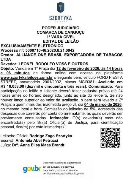 Edital de Leilão e Intimação de LEONEL RODOLFO VOSS E OUTROS