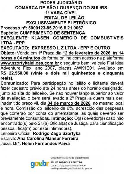 Edital Szortyka Leilão e Intimação de Expresso LZ Ltda. EPP e outro