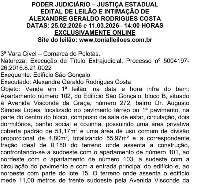 Edital de Leilão e Intimação de Alexandre Geraldo Rodrigues Costa