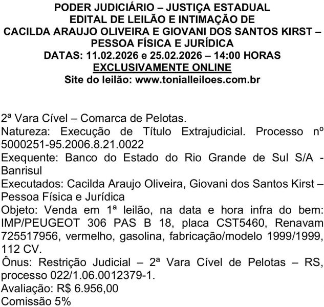 Edital de Leilão e Intimação de Cacilda Araujo de Oliveira e outro