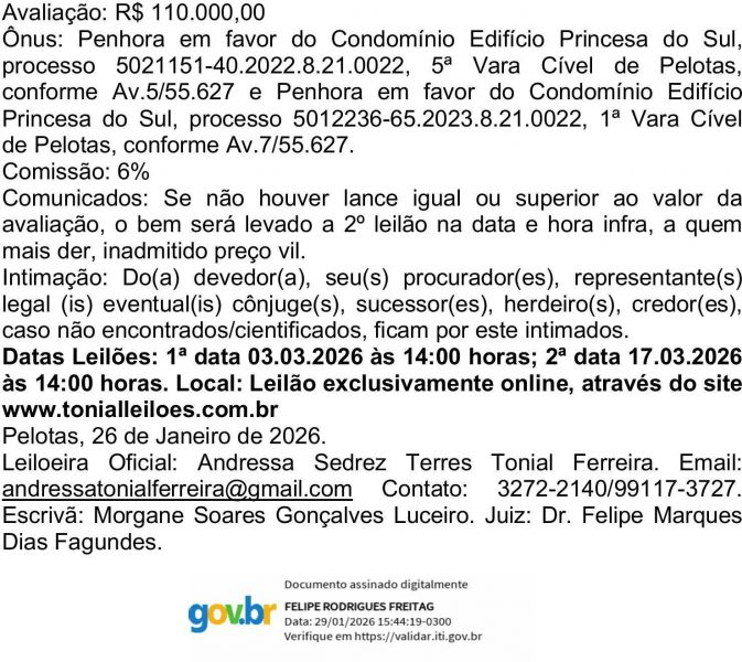 Edital de Leilão e Intimação de Carmen Vera dos Santos Notari e outro