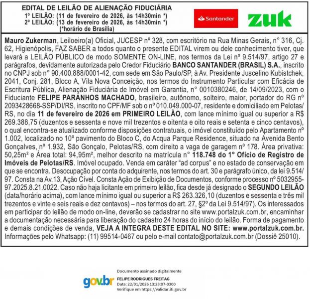 Edital de Leilão de Alienação Fiduciária Banco Santander (Brasil) S/A X Felipe Paranhos Machado
