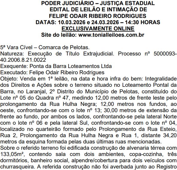 Edital de Leilão e Intimação de Felipe Odair Ribeiro Rodrigues