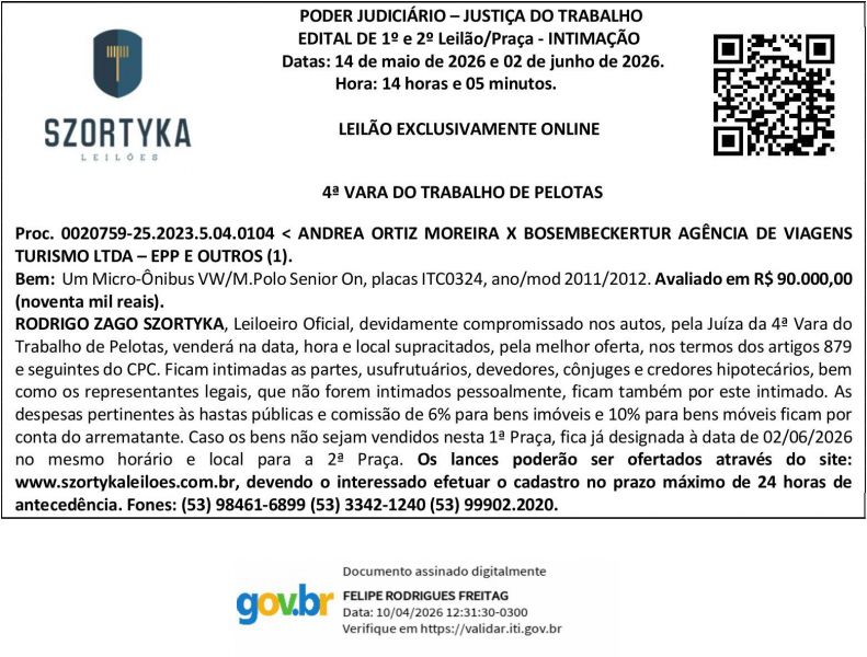 Edital Szortyka Leilão e Intimação 4ª Vara do Trabalho de Pelotas