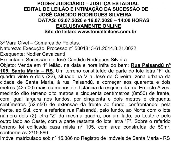 Edital de Leilão e Intimação da Sucessão de José Cândido Rodrigues Silveira