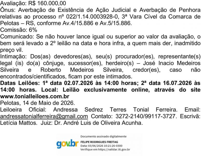 Edital de Leilão e Intimação da Sucessão de José Cândido Rodrigues Silveira