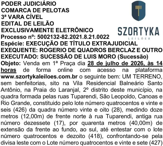 Edital de Leilão e Intimação de Sucessão de Luis Moro
