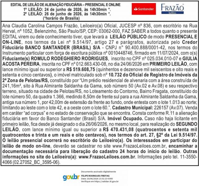 Edital de Leilão de Alienação Fiduciária Banco Santander (Brasil) S/A X Romulo Rodeghiero Rodrigues